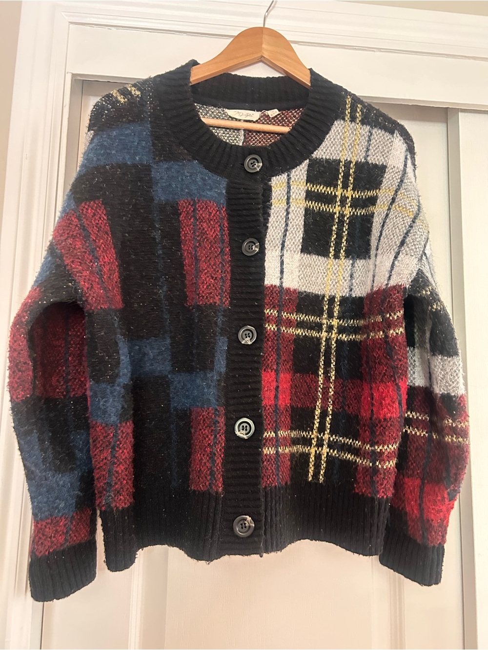 RD Style Plaid Button-Front Cardigan in Black, Red, Blue